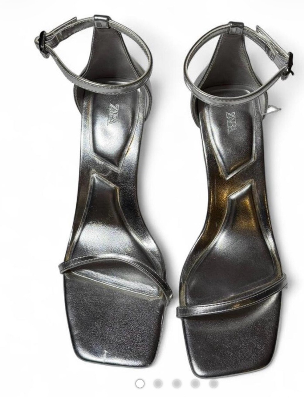 Zara Metallic Silver Ankle-Strap Square-Toe Sandals